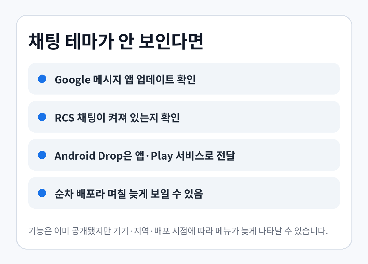 Google 메시지 채팅 테마가 보이지 않을 때 앱 업데이트와 RCS 설정을 확인하고 Android Drop 순차 배포를 기다리는 점검 순서