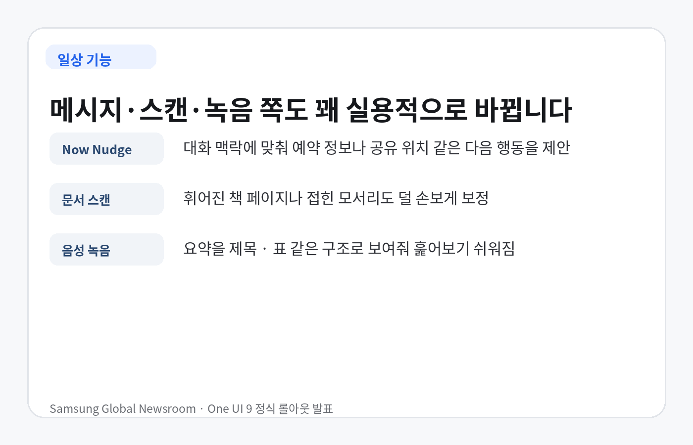 One UI 9의 Now Nudge, 문서 스캔, 음성 녹음 변화 요약