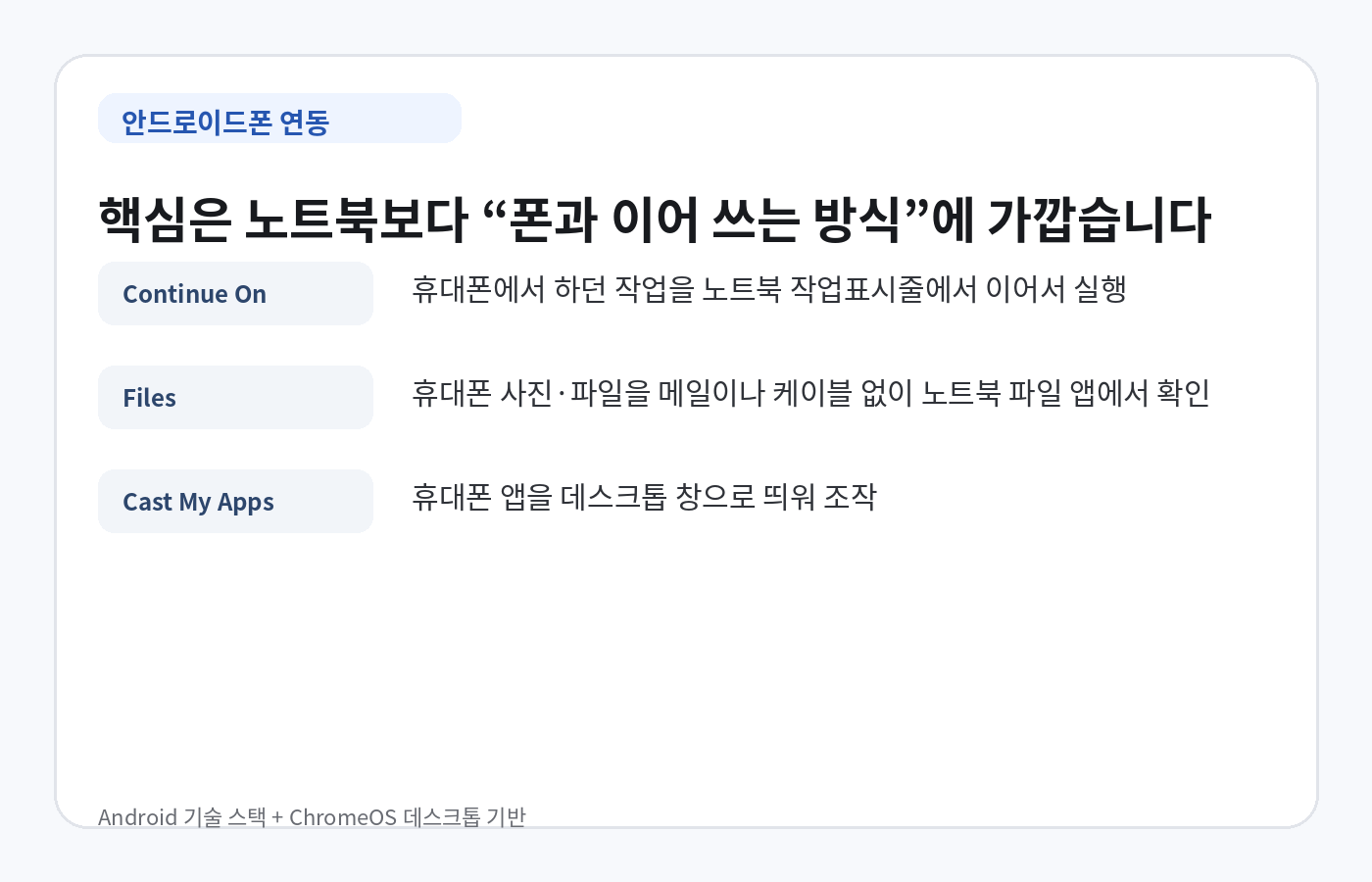 Googlebook의 Continue On, Files, Cast My Apps 안드로이드폰 연동 기능 요약