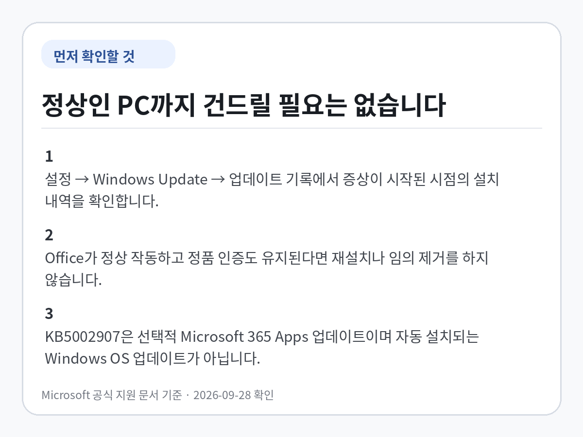 KB5002907 관련 문제를 확인할 때 업데이트 기록과 Office 설치 상태를 먼저 확인하고 정상 PC에서는 불필요한 재설치나 제거를 하지 말라는 체크 카드
