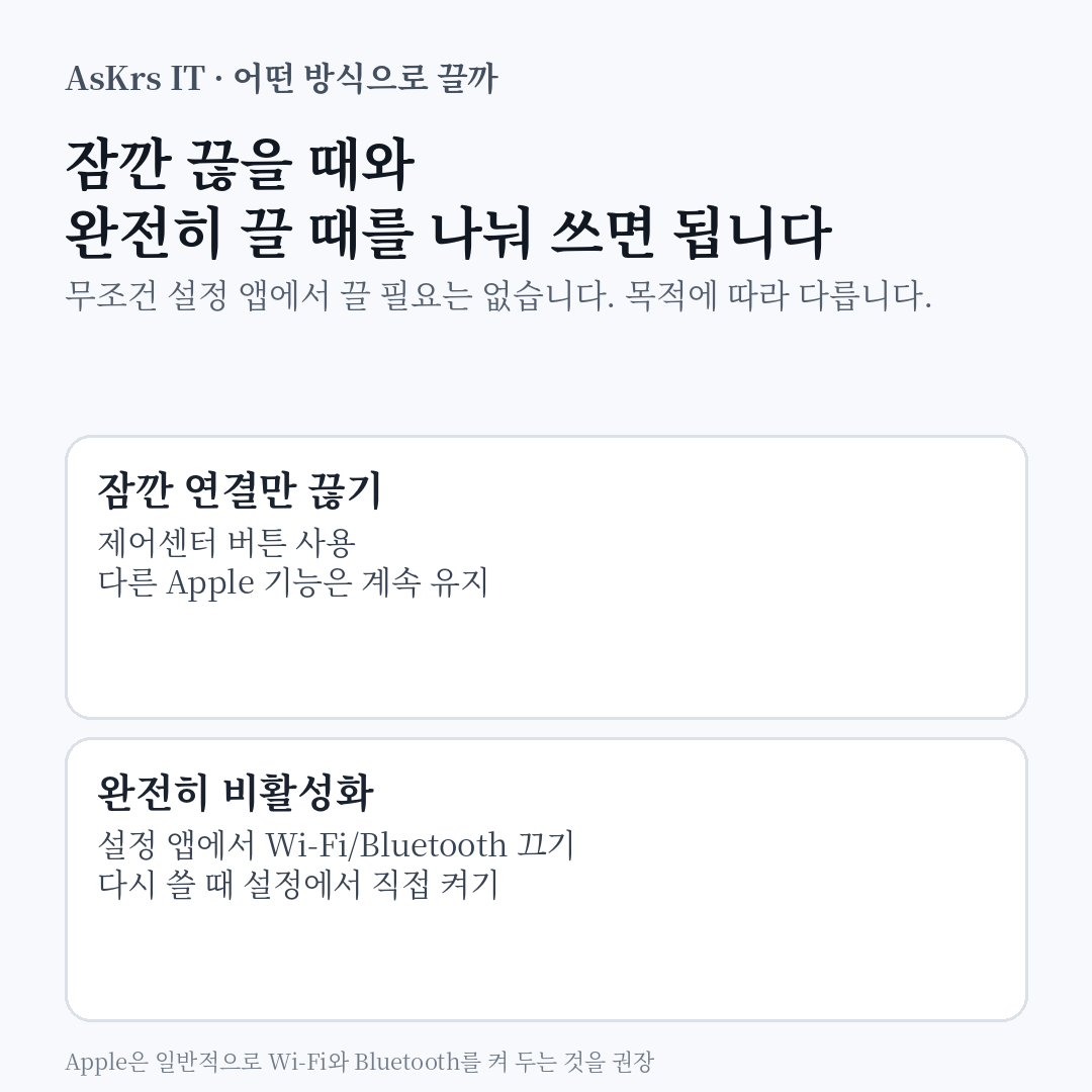아이폰에서 잠시 연결만 끊을 때는 제어센터를, 완전히 끌 때는 설정 앱을 사용하는 기준을 정리한 정보카드