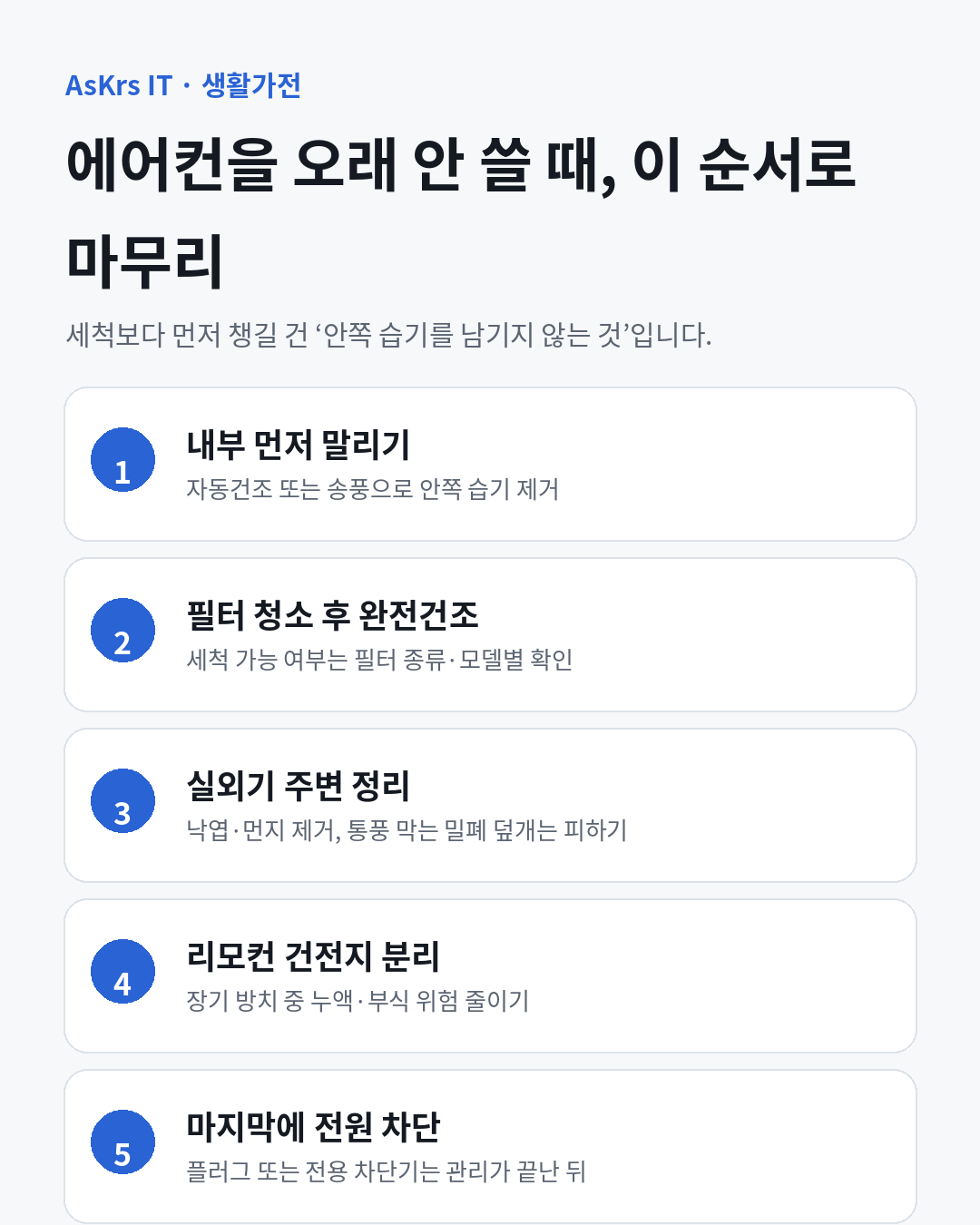 에어컨 장기보관 전 내부 건조, 필터 건조, 실외기 정리, 리모컨 건전지 분리, 전원 차단의 5단계 순서