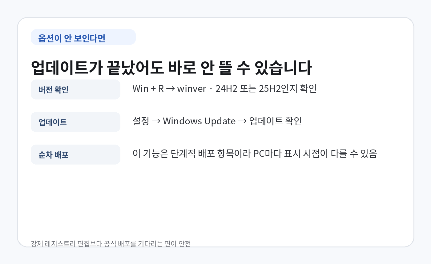 Windows 11 작업표시줄 위치 옵션이 보이지 않을 때 버전 업데이트 순차 배포를 확인하는 방법
