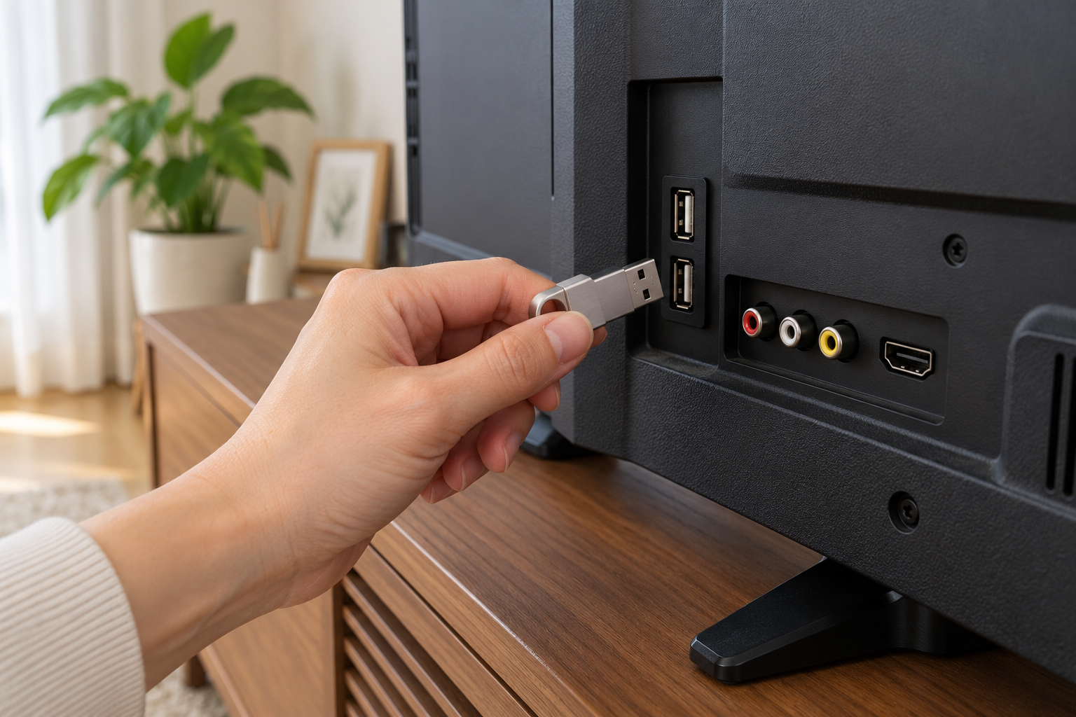 TV 뒷면 USB 단자에 플래시 드라이브를 연결하려는 손