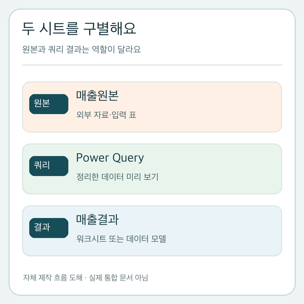 원본 시트, Power Query 편집기, 결과 워크시트 또는 데이터 모델을 연결한 자체 제작 도해
