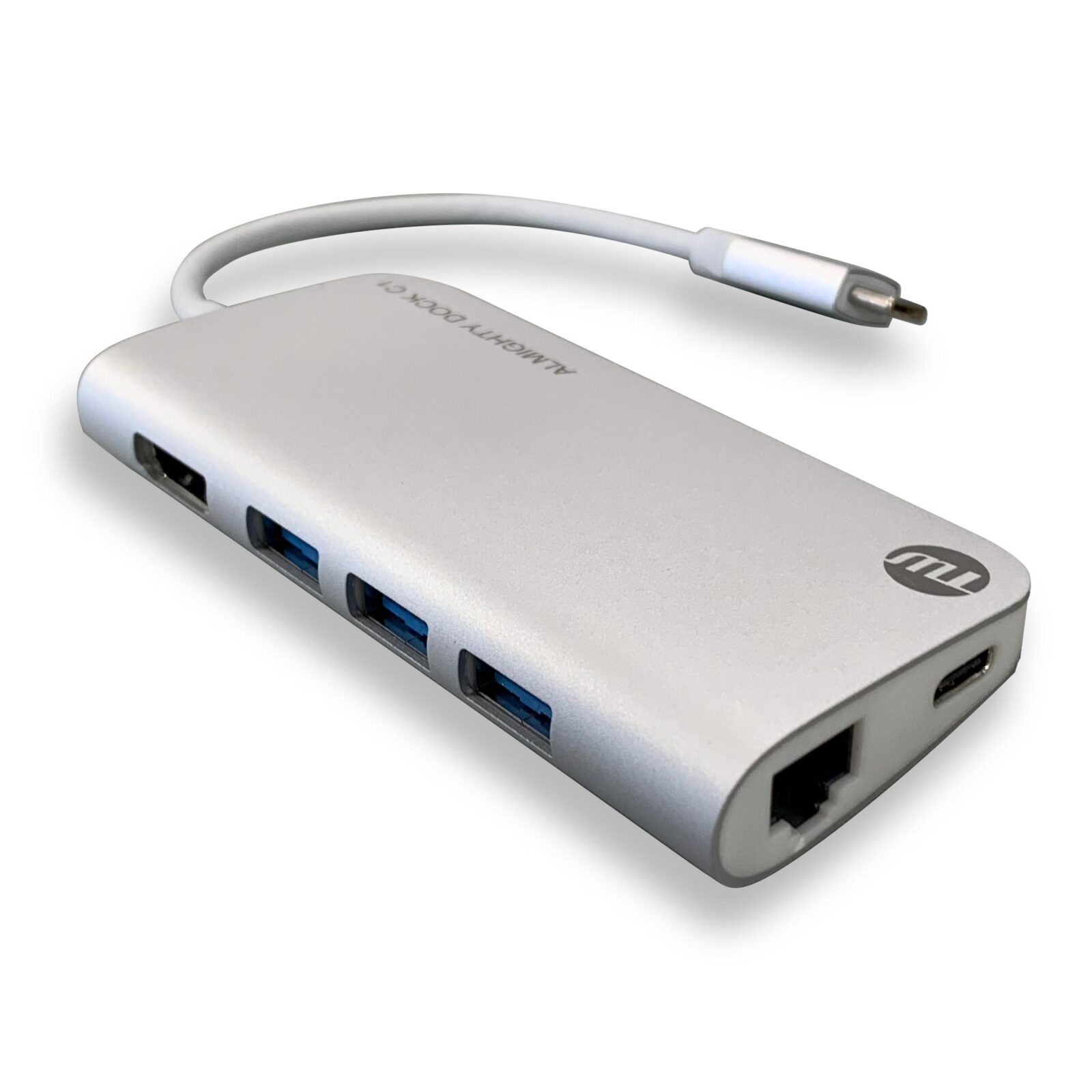 USB-C 연결 케이블과 여러 단자가 있는 은색 도크