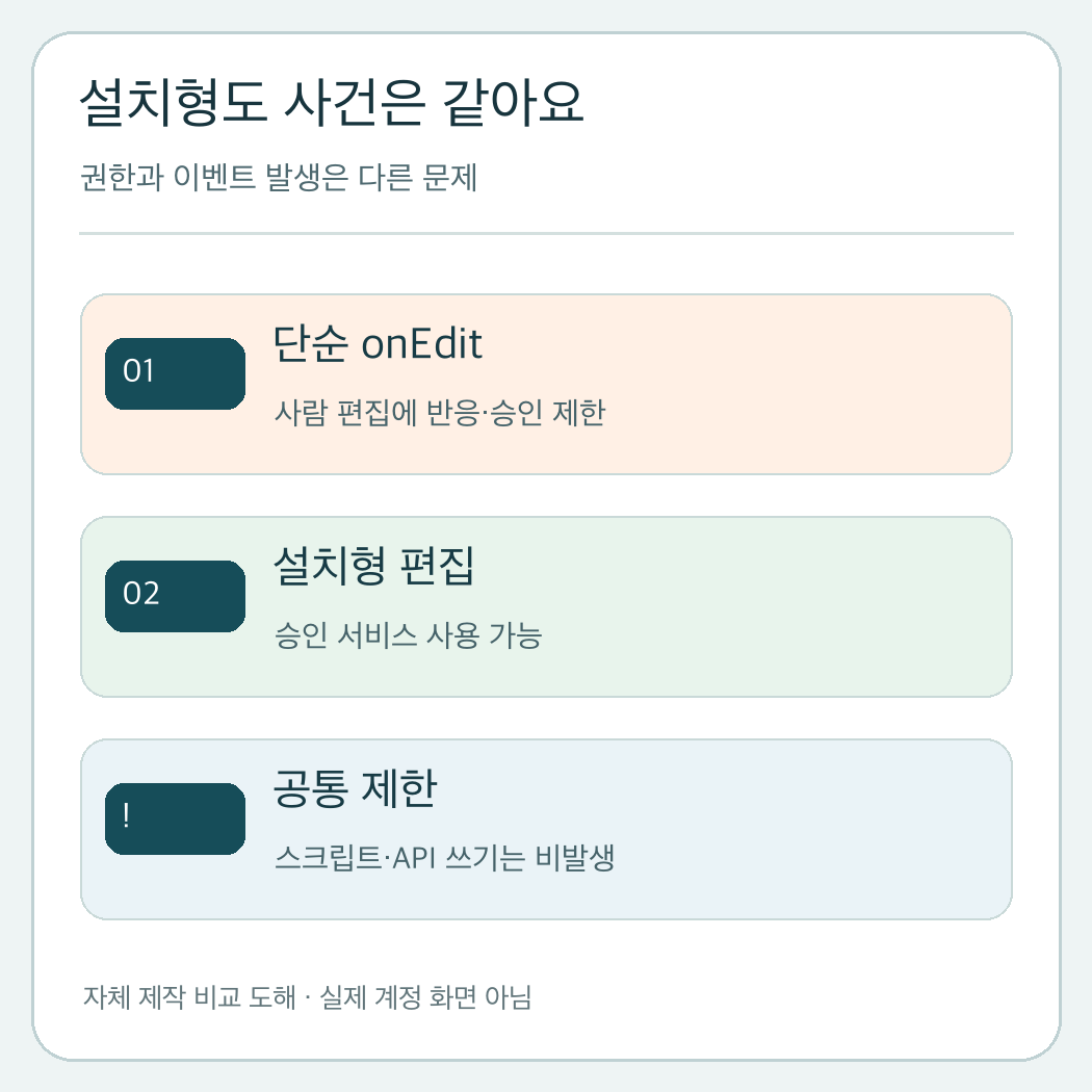 단순 onEdit와 설치형 편집 트리거의 권한 차이와 스크립트 API 쓰기 공통 제한을 보여 주는 자체 제작 도해