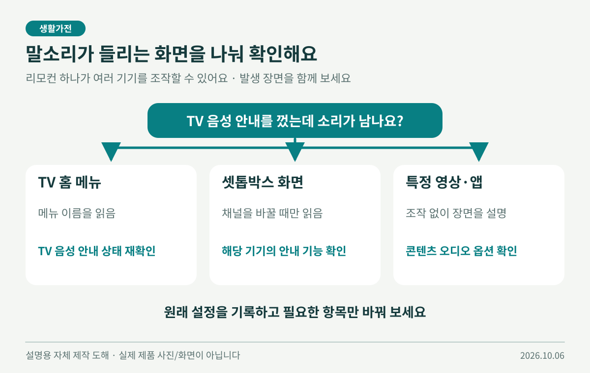 TV 음성 안내 해제 후에도 소리가 남을 때 발생 위치 확인 순서