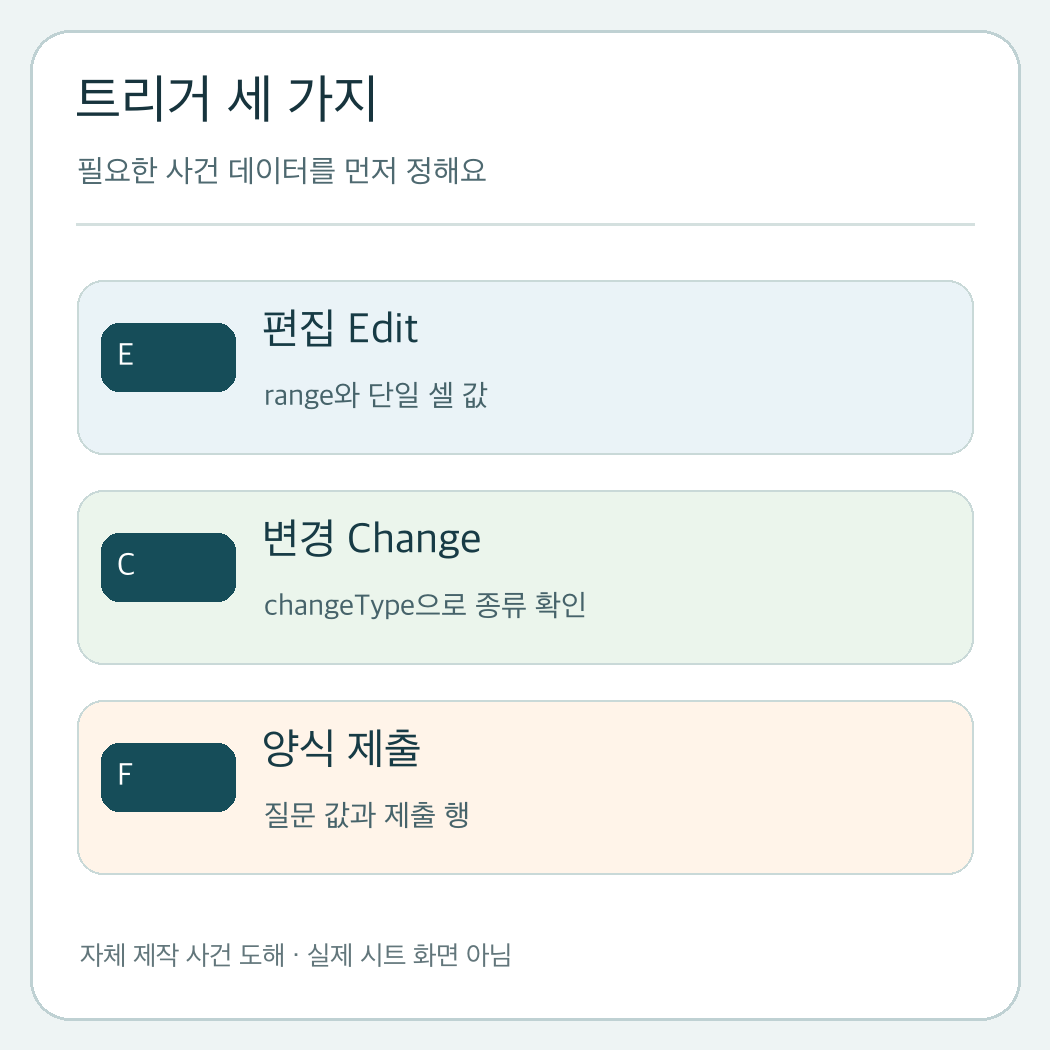 구글 시트 편집 변경 양식 제출 트리거와 각각 제공하는 이벤트 데이터를 비교하는 자체 제작 도해