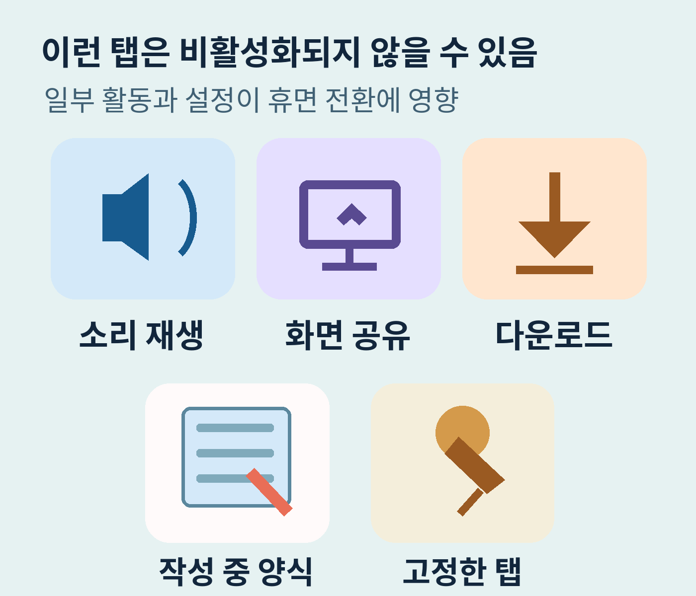 소리·화면 공유·다운로드·양식·고정 탭을 나타낸 픽토그램