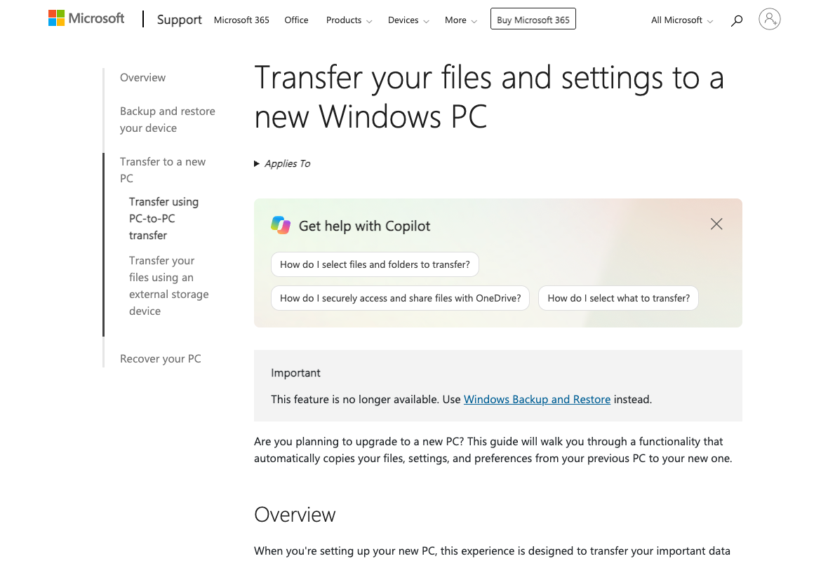 Microsoft PC 간 전송 문서 상단의 기능 제공 종료와 Windows 백업 권고 안내