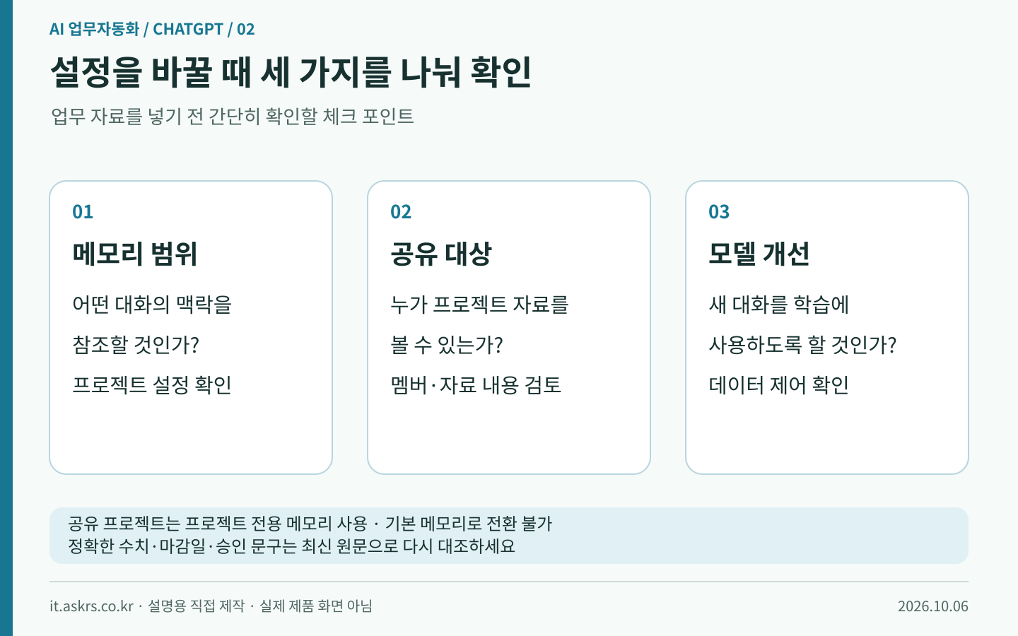 메모리 범위, 공유 대상, 모델 개선 설정을 각각 점검하는 세 가지 확인 항목