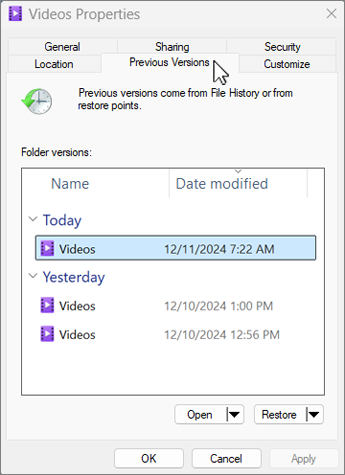 Microsoft Windows 이전 버전 속성 실제 화면 예시 과거 날짜 목록과 Open Restore 메뉴