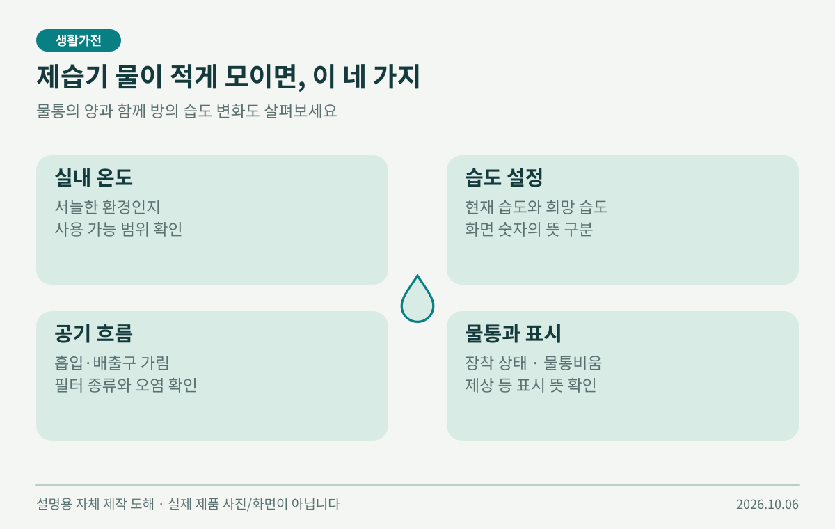 제습기 물통의 물 양을 판단할 때 함께 볼 네 가지 요소