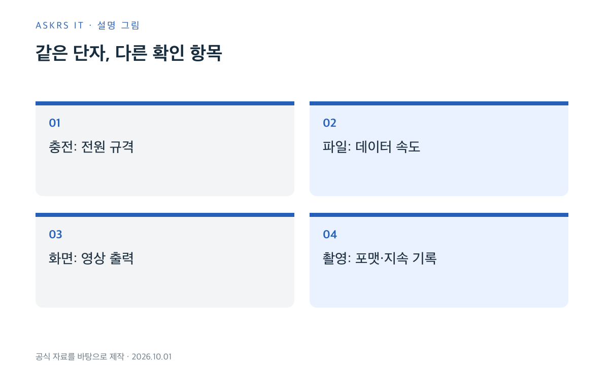 USB-C의 충전, 데이터, 영상 출력, 외장 촬영 조건을 나누는 비교 그림