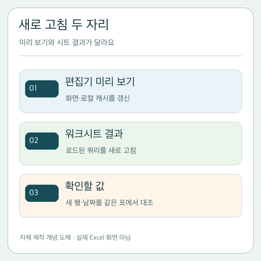 Power Query 편집기의 미리 보기 새로 고침과 Excel 워크시트 결과 새로 고침을 구분하는 자체 제작 도해