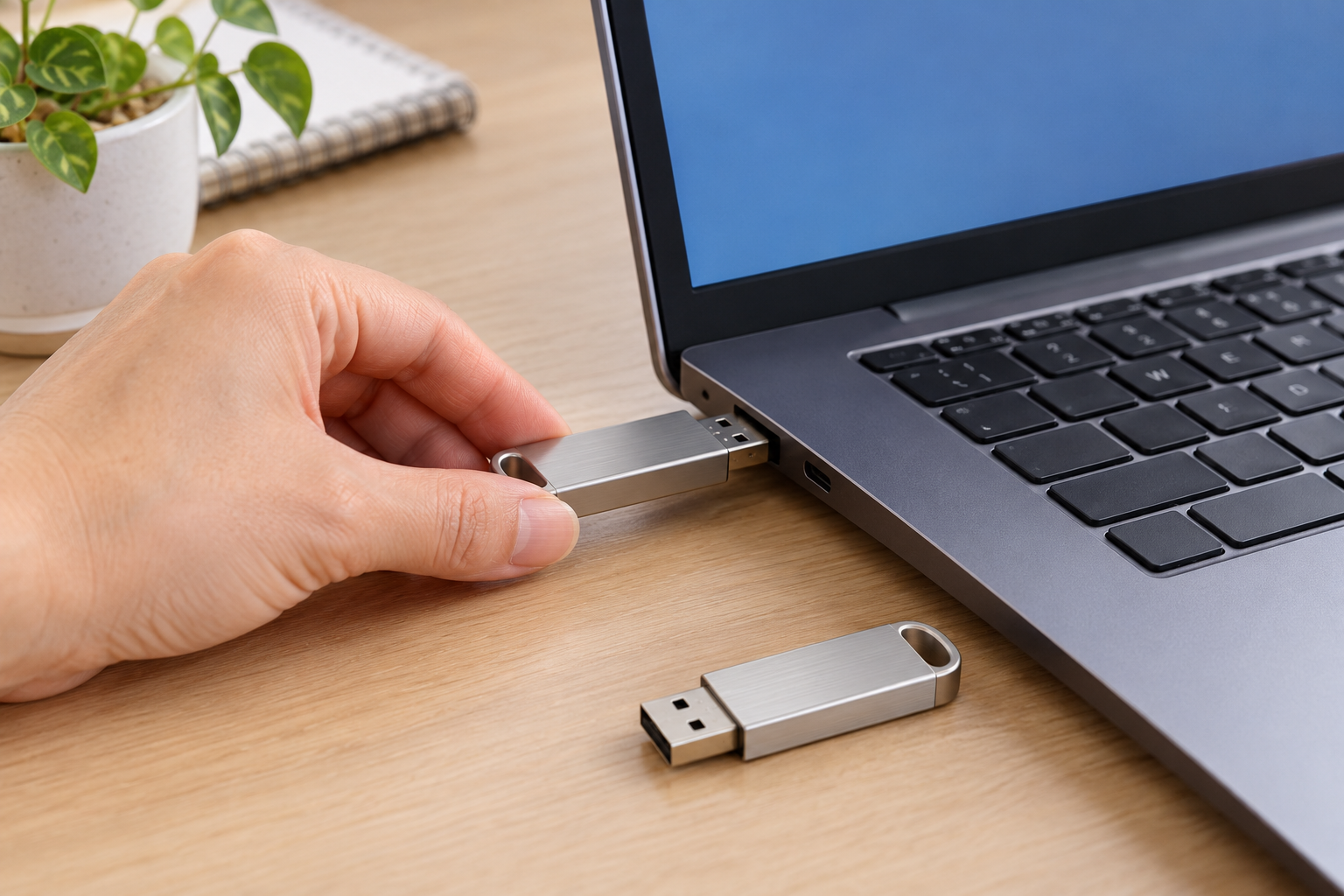 노트북 USB 단자에 저장장치를 연결하는 손