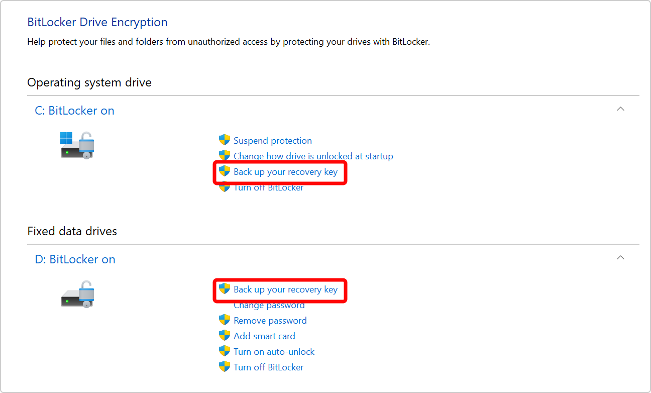 Microsoft공식영문Windows11제어판의Back up your recovery key 실제메뉴 C와D드라이브구분