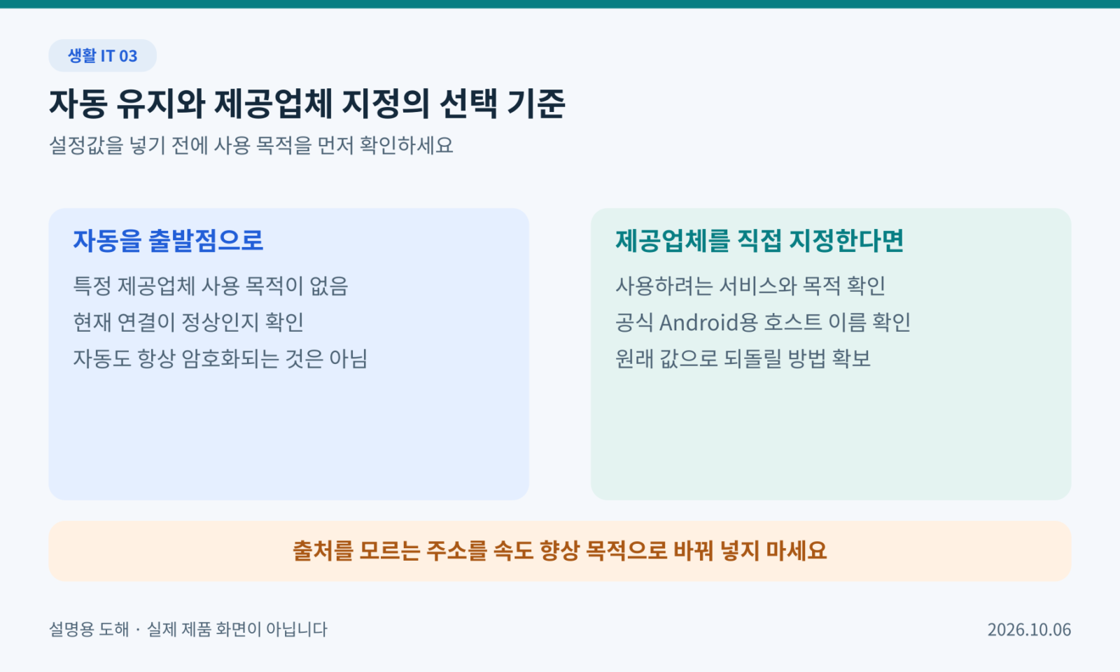 자동 유지와 제공업체 직접 지정의 판단 기준을 비교한 그림