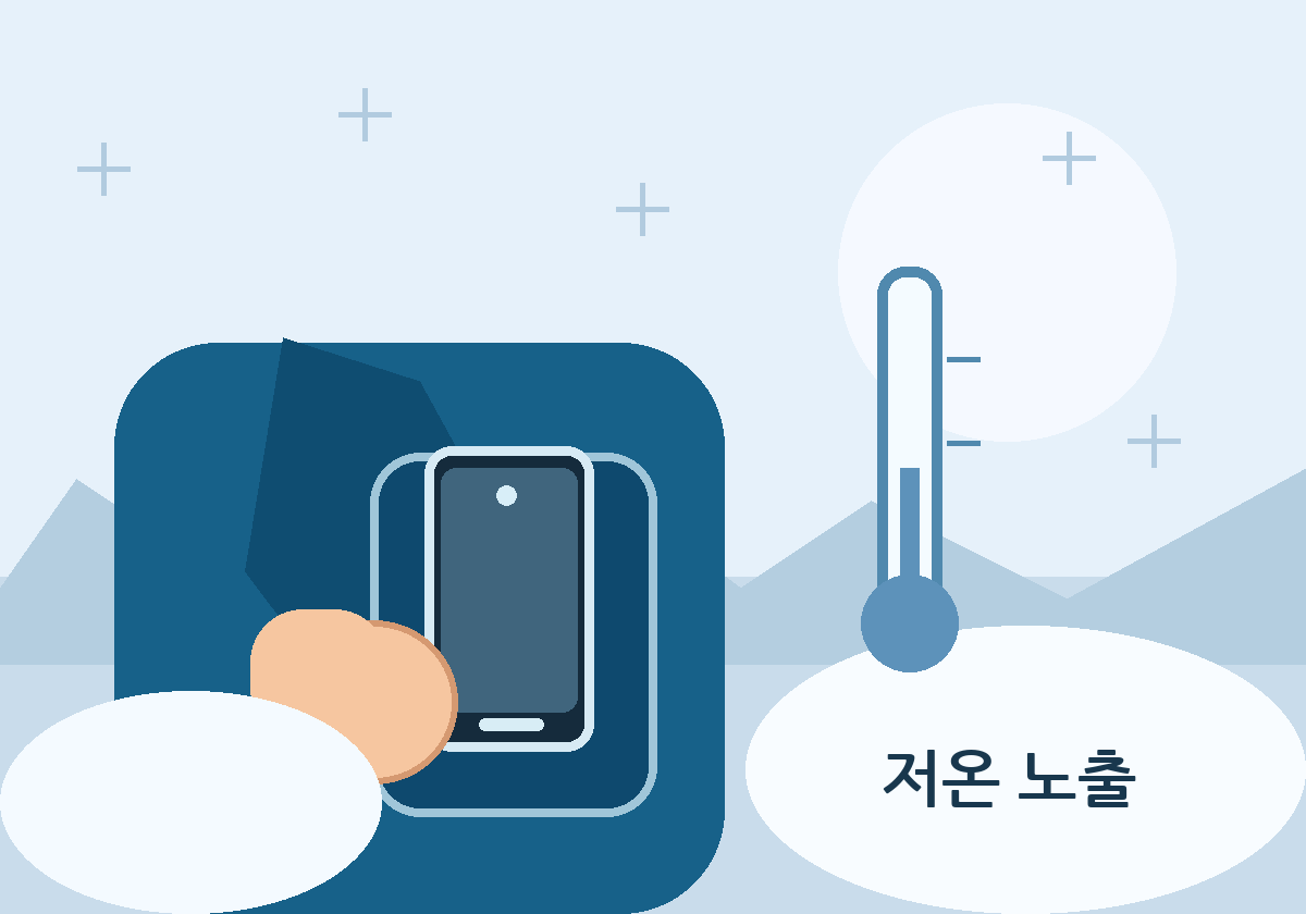겨울 야외에서 코트 안쪽 주머니에 들어간 휴대전화와 낮은 기온의 상황