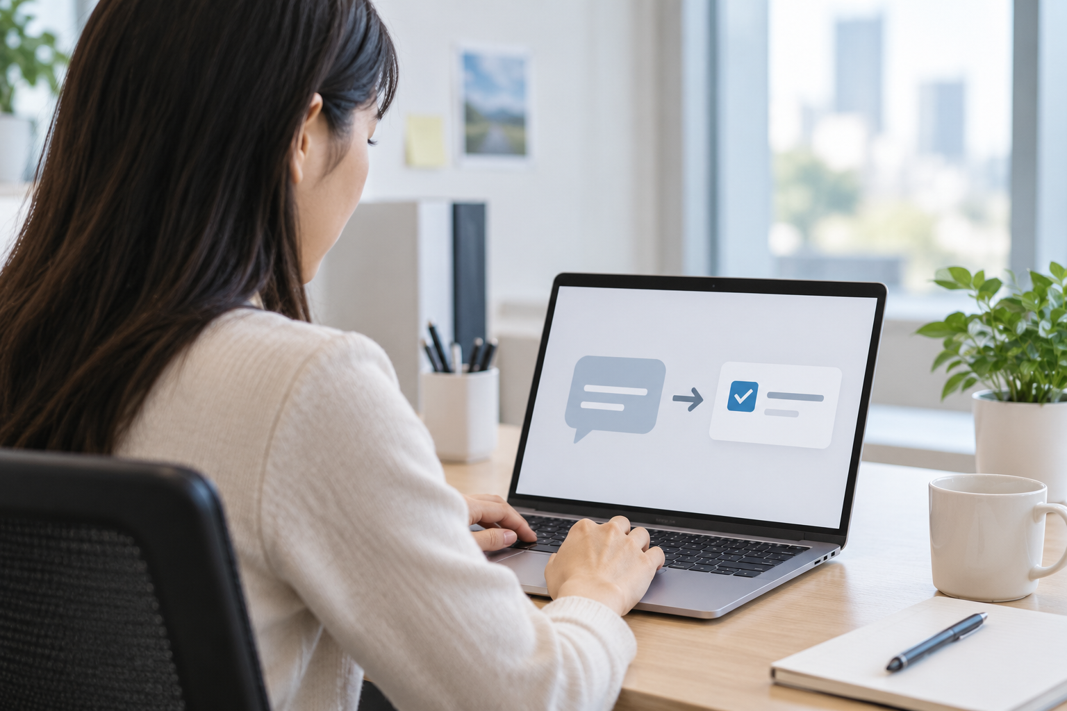 Google Chat 대화를 업무 카드로 옮기는 흐름을 표현한 사무 작업 장면