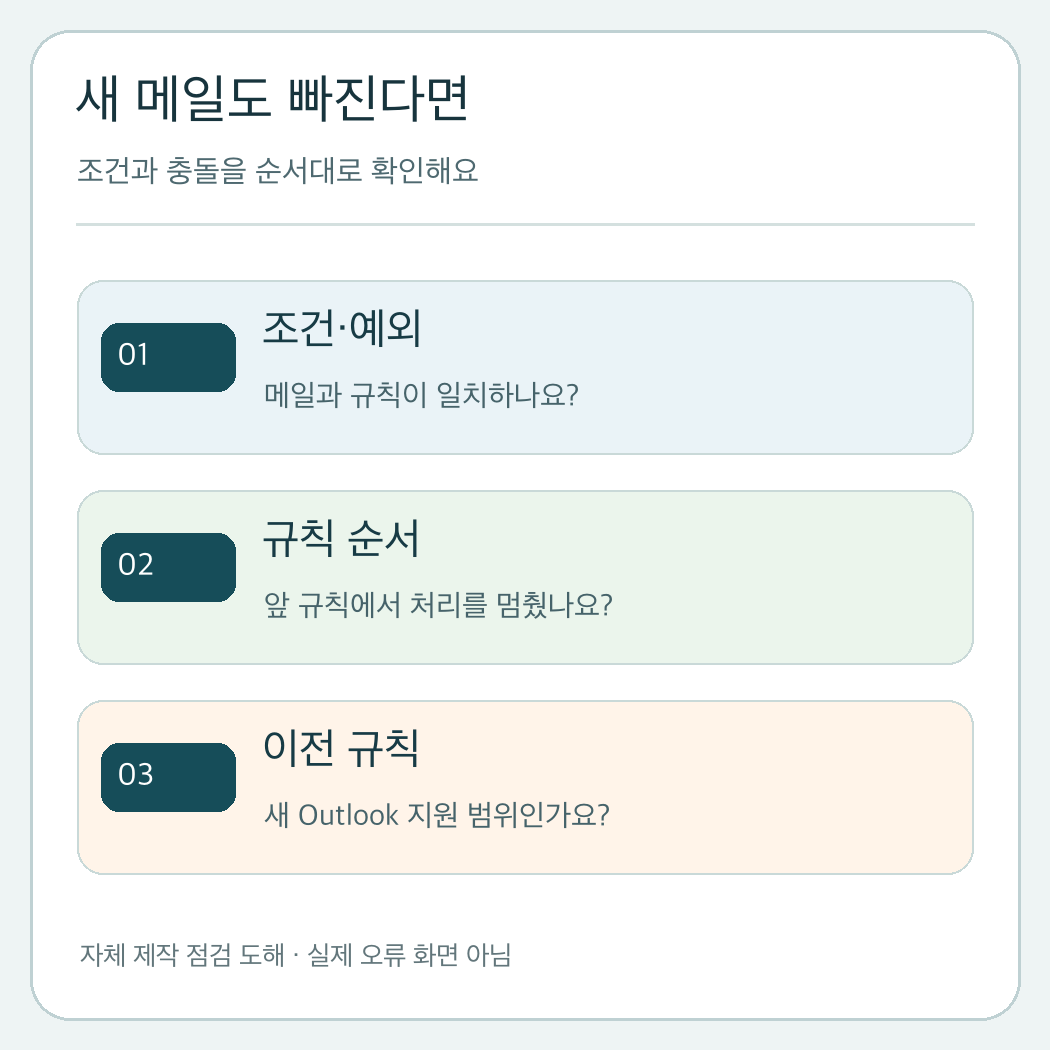 Outlook 규칙의 조건과 예외, 순서와 처리 중지, 이전한 규칙의 지원 여부를 확인하는 자체 도해