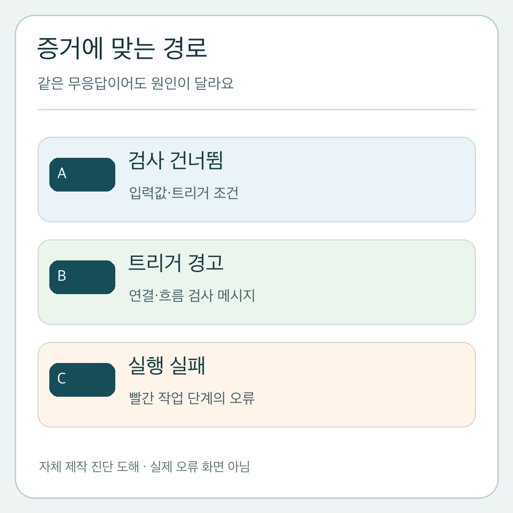 Power Automate 조건 불일치, 등록 경고, 실패 실행에 맞는 진단 경로를 비교하는 자체 제작 도해