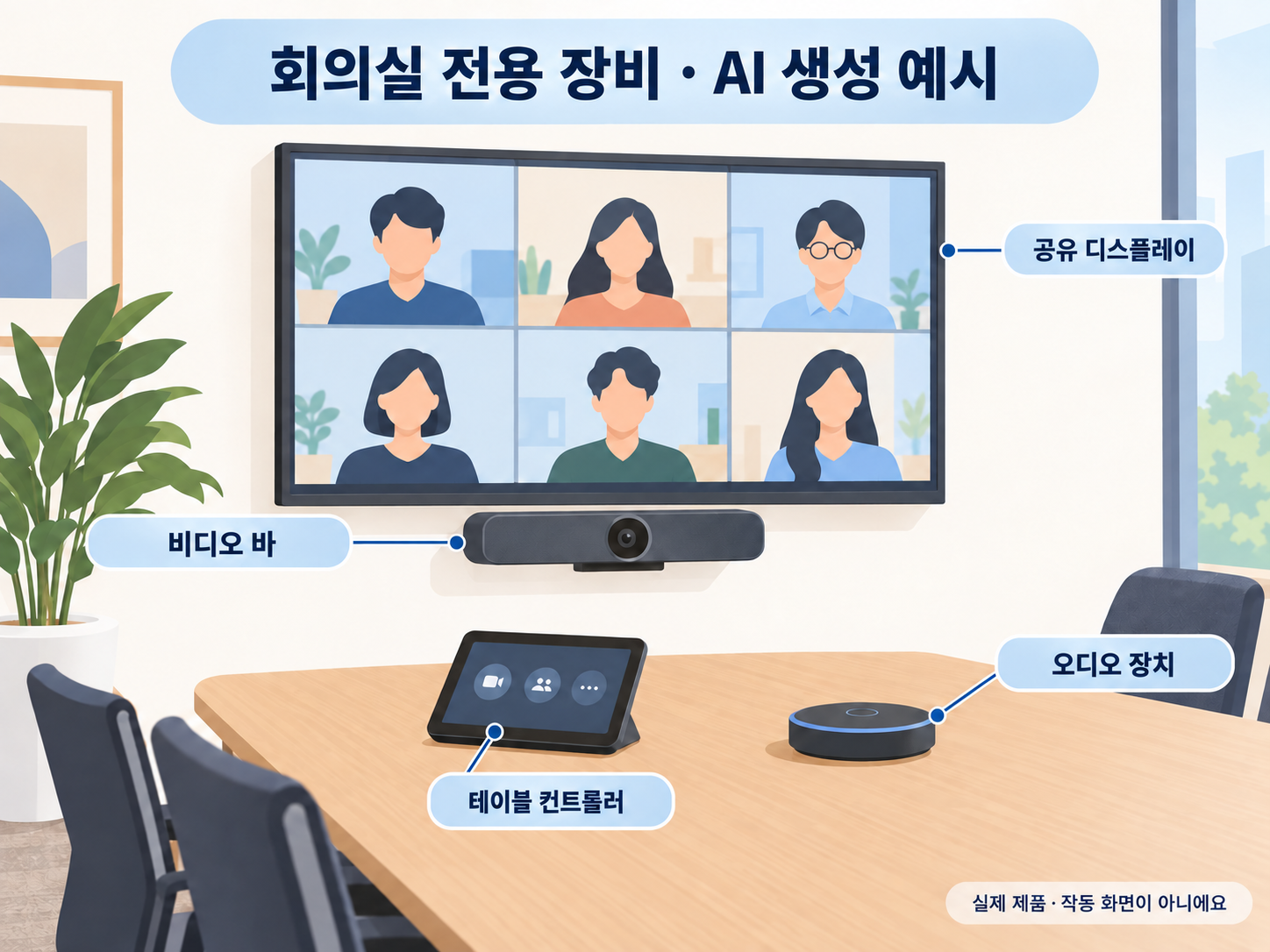 AI 생성 예시로 설명한 회의실 전용 장비 구성, 실제 제품·작동 화면이 아님