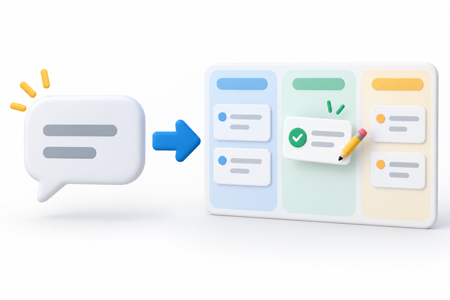대화 메시지가 Trello 카드와 보드 작업으로 이어지는 개념 흐름