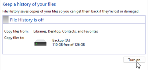 Microsoft Windows 파일 히스토리 실제 제어판 예시 백업 대상 드라이브와 Turn on 메뉴