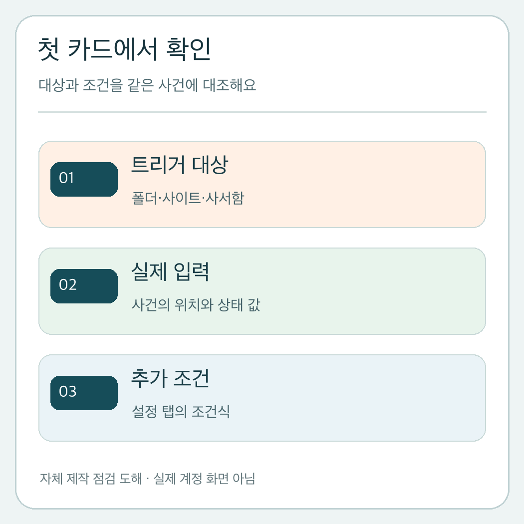 Power Automate 트리거 첫 카드의 대상, 실제 사건 입력, 추가 조건식을 대조하는 자체 제작 도해