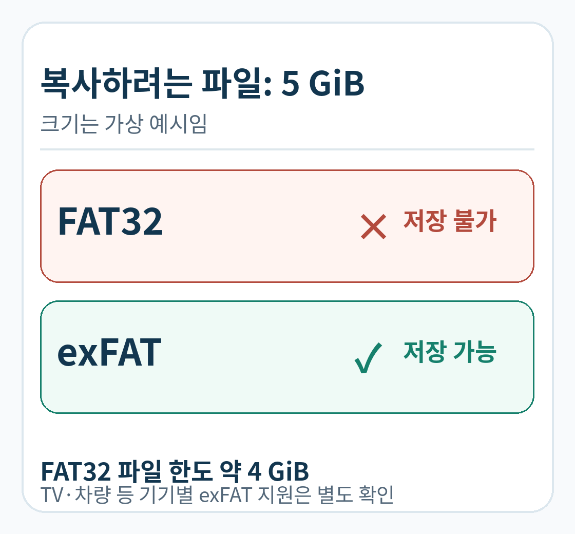 가상 5GiB 파일의 FAT32 저장 불가와 exFAT 저장 가능 비교