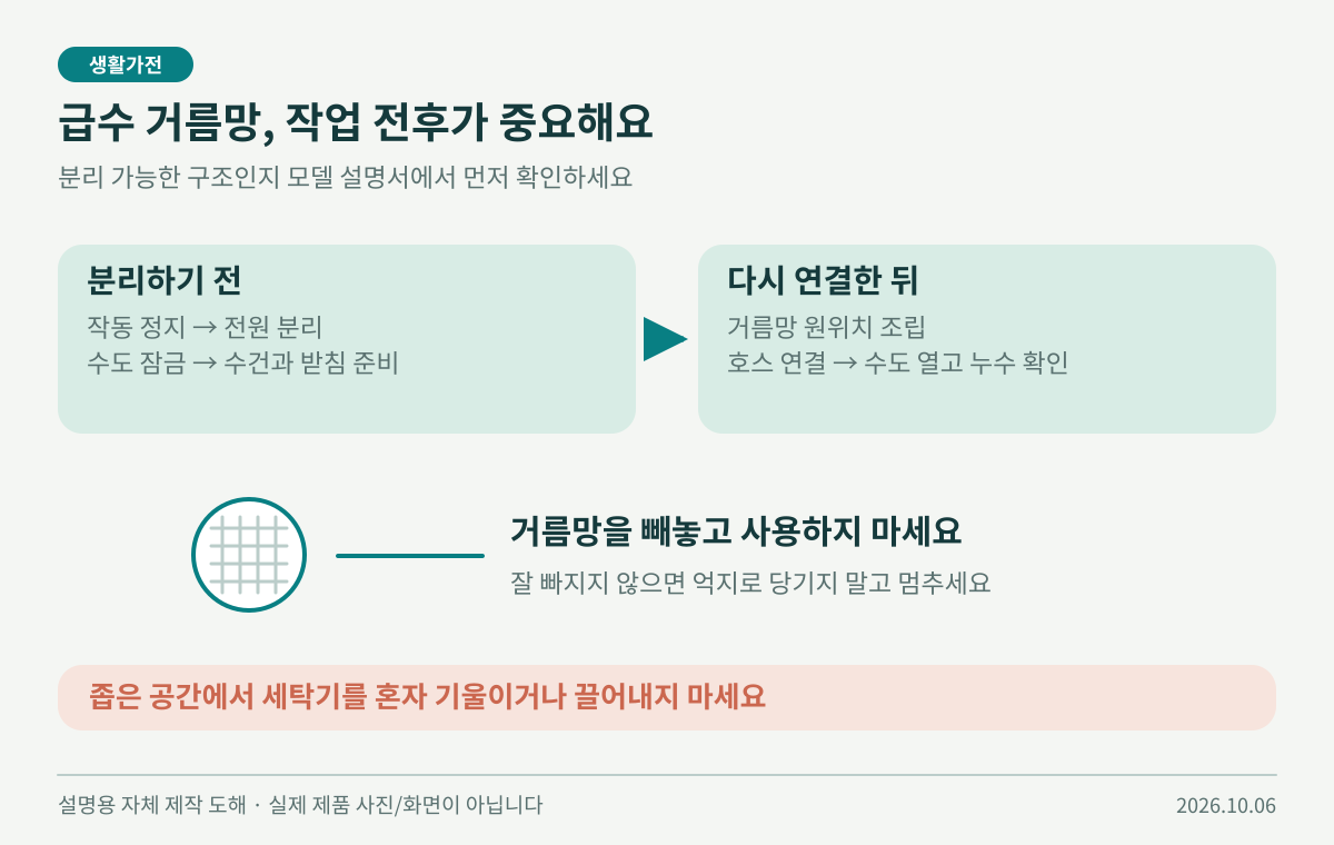 급수 거름망을 분리하기 전과 재조립 후의 안전 확인 사항