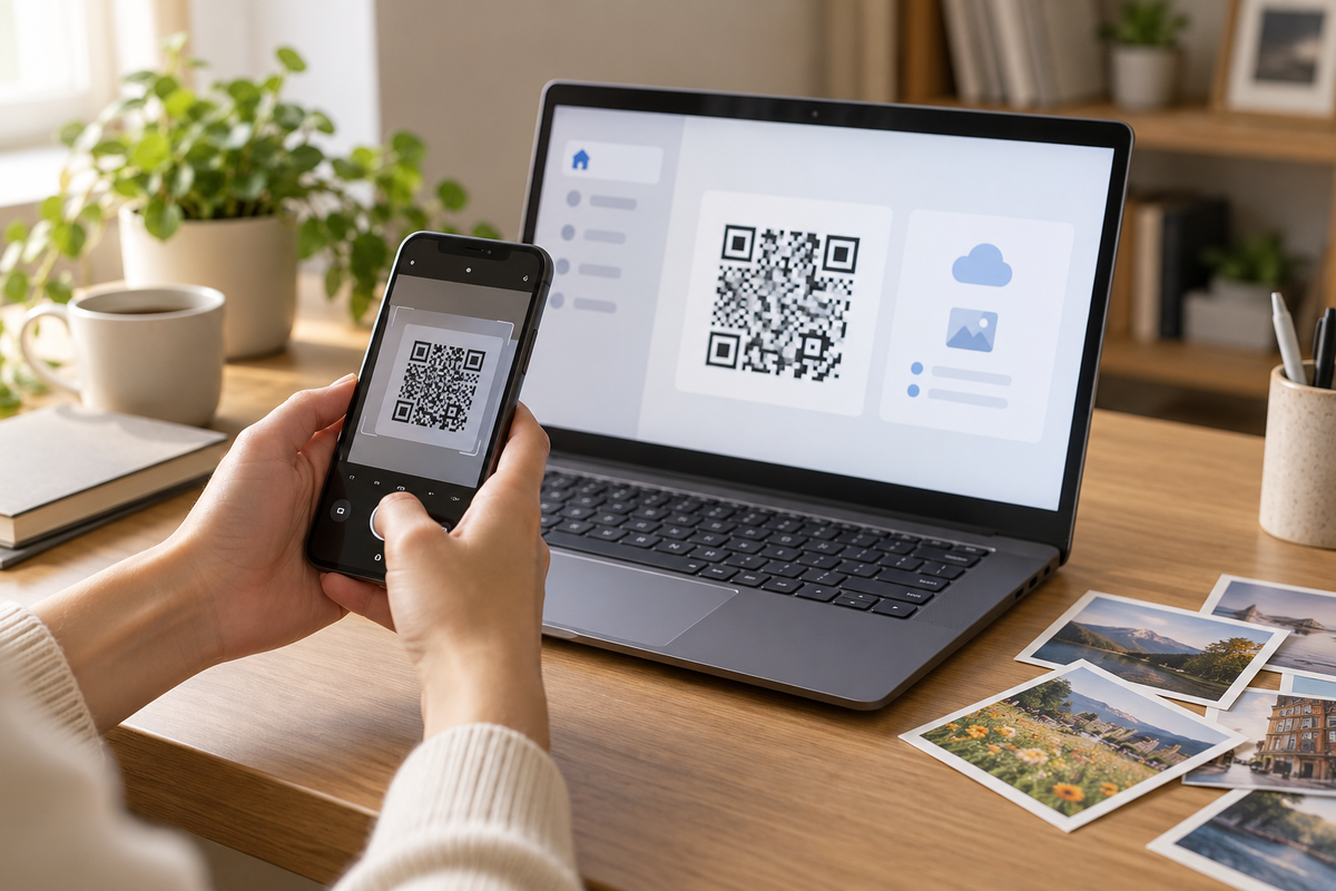 노트북 QR 코드를 휴대폰으로 읽어 사진 백업을 연결하는 모습