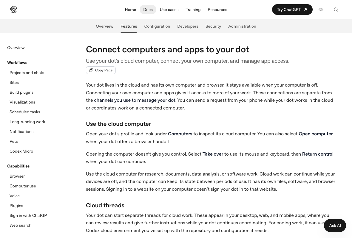 Dot의 컴퓨터와 앱 연결을 설명하는 OpenAI 공식 문서