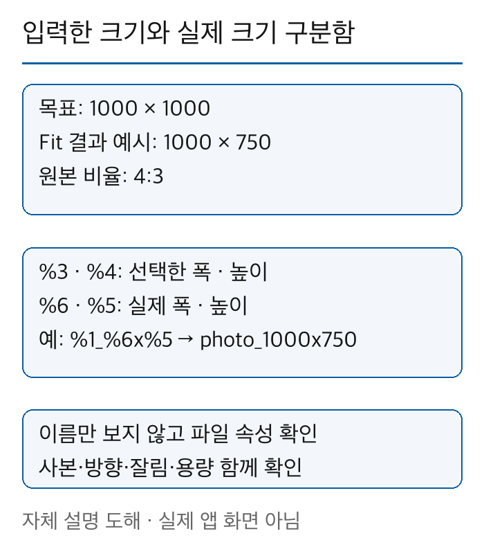 선택한 크기 1000에 1000과 실제 Fit 크기 1000에 750을 구분하고 실제 폭과 높이 변수를 파일 이름에 넣는 설명